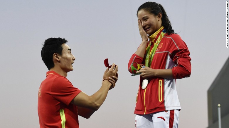 China's He Zi was caught off guard by her boyfriend's dramatic proposal Sunday. China's He Zi was caught off guard by her boyfriend's dramatic proposal Sunday.