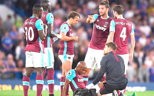 West Ham players caught in an anxious moment as Andre Dede Ayew received attention for his injury West Ham players caught in an anxious moment as Andre Dede Ayew received attention for his injury