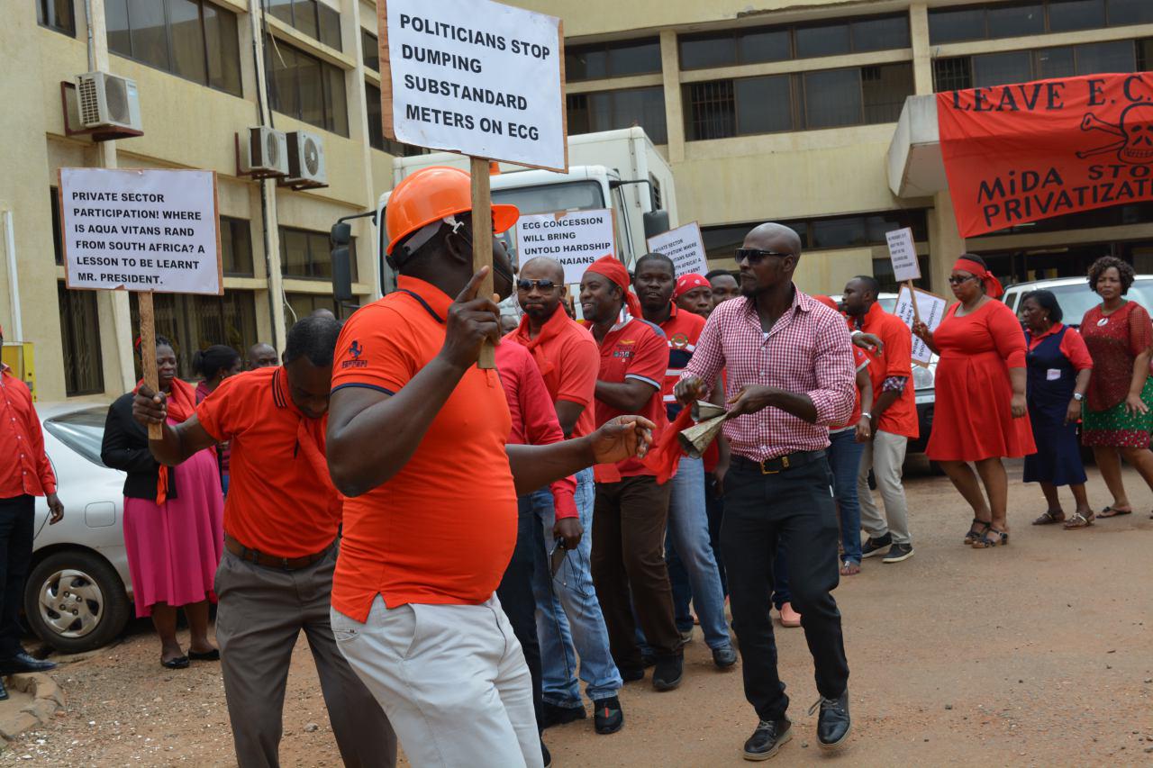 Some ECG workers at the Tema Office laid down their tools to protest against government's move to privatise the company Some ECG workers at the Tema Office laid down their tools to protest against government's move to privatise the company