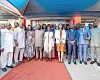 Professor Naana Jane Opoku-Agyemang (arrowed), Vice-President, with George Opare Addo (5th fromk left), Minister of Youth Development and Empowerment, and other dignitaries during her working visit to the ministry