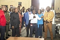 President John Dramani Mahama (2nd from left) and members of the entourage being given a technical briefing by Charles Amoako (3rd from right), Director of Technical Services, GCGL. Looking on are other officials of the GCGL