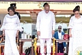 President Mahama flanked by Vice-President Naana Jane Opoku-Agyemang (left) and Lordina Mahama, First Lady during a non-denominational service marking his one year in office