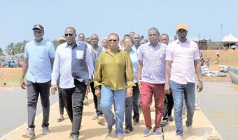 Naval Captain Dr Kamal-Deen Ali rtd (left), Director-General of the Ghana Maritime Authority; Sebastian Deh, Member of Parliament for Kpando; Jemilat Jawala Mahamah, Board Chairman of the Ghana Maritime Authority, and other members of the visiting team on a tour of the Kpando-Torkor Harbour