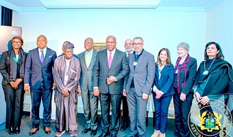 President John Dramani Mahama (middle), with Olusegun Obasanjo (3rd from left), former President of Nigeria; Samuel Okudzeto Ablakwa (2nd from left), Ghana’s Minister of Foreign Affairs, and other delegates attending the World Economic Forum