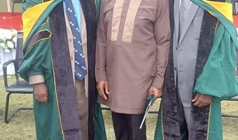 Prof Yao Kwawukume, (extreme left), Vice-Chancellor of Family Health University, Brig Gen Dan Frimpong (Rtd) (MOBA 70), Dr JB Amissah-Arthur (MOBA 70) and Prof Philip Odonkor (MOBA 65) Pro-Vice Chancellor (extreme right)
