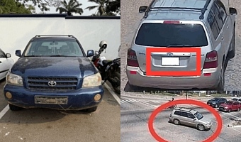 (Left) the Highlander vehicle when police impounded it on Jan 15, 2026 (right) the vehicle as captured by CCTV on the day of robber in Nov 2024