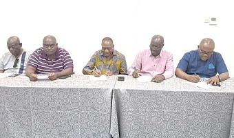 The partners at the signing. From right: Dr George Smith-Graham, CEO, Fair Wages and Salaries Commission; Dr Cassiel Ato Forson, Finance Minister; Dr Abdul-Rashid Pelpuo, Minister of Labour, Jobs and Employment; Dr Isaac Bampoe Addo, Executive Secretary CLOGSAG, and Joshua Ansah, TUC Secretary-General