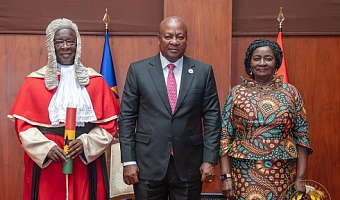 President John Mahama (middle) and Vice-President Naana Jane Opoku-Agyemang with Justice Paul Baffoe-Bonnie, the Chief Justice, after the swearing-in ceremony 