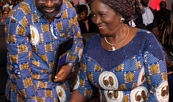 Vice-President Naana Jane Opoku-Agyemang in a hearty interaction with Dr Johnson Asiama, Governor, BoG