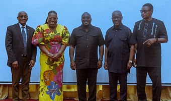 Julius Debrah (middle), Chief of Staff; Nana Oye Bampoe Addo (2nd from left), Deputy Chief of Staff; Seth Terkper (left), Presidential Advisor on Economy; Prof. Kwaku Danso-Boafo (2nd from right), Secretary to Cabinet; and Dr Abubakari Wayo, Chief Director, Office of the President, after the event