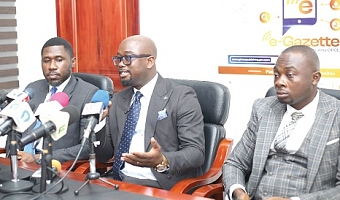 Nana Kwesi Boatey (middle), Managing Director, Ghana Publishing Company Limited, briefing the media. With him is Saviour Agbornu (right), Head of Operations, and Lantam Papanko (left), Corporate Affairs Manager, GPCL. Picture: BENEDICT OBUOBI