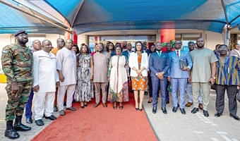 Professor Naana Jane Opoku-Agyemang (arrowed), Vice-President, with George Opare Addo (5th fromk left), Minister of Youth Development and Empowerment, and other dignitaries during her working visit to the ministry