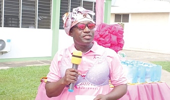 Dr Foster Amponsah-Manu (inset), Clinical Director of the Eastern Regional Hospital, addressing breast cancer survivors in Koforidua 