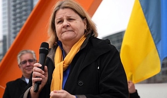 Milwaukee County Circuit Court Judge Hannah Dugan speaks during a rally marking the third anniversary of Russia's invasion of Ukraine on Feb. 24, 2025, in Milwaukee, Wis. (Lee Matz/Milwaukee Independent via AP)