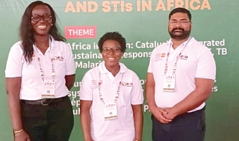 Dr Adriel Cyrus Moodley (right), lead rapporteur for Track A team at ICASA 2025, with Dr Nana Afia Asante Ntim, Research Fellow at NMIMR, and Diana Asema Asare (middle), Chief Research Assistant at NMIMR, other members of the team