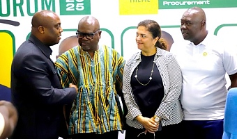 Thomas Nyarko-Ampem (left), Deputy Minister of Finance, in a discussion with Basil Kwadwo Ahiable (2nd from left), Board Chair, PPA; Lina Tutunji (2nd from right), Senior Procurement Specialist, World Bank, and Frank Mante (right), Chief Executive Officer of PPA, during the forum. Picture: EDNA SALVO KOTEY 