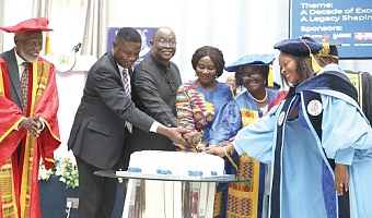 Prof. Naana Jane Opoku-Agyemang (3rd from right), Vice-President, cutting the 10th anniversary cake. With her are Dr Naa Dede Hesse (right), Registrar, ACM; Prof. Jane Hesse (2nd from right), President, ACM; Emeritus Prof. Stephen Adei (left), Council Chairman, ACM, and Ekwow Spio-Garbrah (3rd from left), Chairman of the Africa Education Trust Fund. Picture: BENEDICT OBUOBI