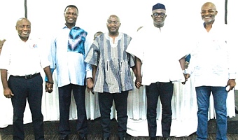 NPP presidential aspirants (from right to left) : Ken Ohene Agyapong, Dr Bryan Acheampong, Dr Mahamudu Bawumia, Dr Yaw Osei Adutwum and Kwabena Agyei Agyepong after signing the peace pact last Thursday in Accra ahead of the party’s presidential primary on January 31