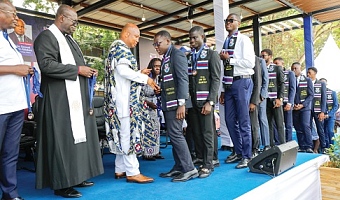 Samuel Okudzeto Ablakwa (3rd from left), Minister of Foreign Affairs, with Rt Rev. Dr Abraham Nana Opare Kwakye (2nd from left), Moderator of the General Assembly, Presbyterian Church of Ghana, and Dr Ernest Ofori Sarpong (left), Board Chairman and Global President, Presbyterian Boys' Senior High School, presenting medals to the students who attained 8A’s in the WASSCE. Picture: ELVIS NII NOI DOWUONA 