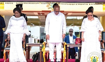 President John Mahama flanked by Prof. Naana Jane Opoku-Agyemang (left), Vice-President, and Lordina Mahama, First Lady, in a prayer mood during the service yesterday