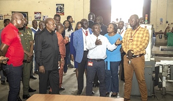 President John Dramani Mahama (2nd from left) and members of the entourage being given a technical briefing by Charles Amoako (3rd from right), Director of Technical Services, GCGL. Looking on are other officials of the GCGL
