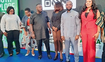 George Opare Addo (3rd from left), Minister of Youth Development and Empowerment, interacting with Emma Ofori Agyemang (3rd from right), Chief Director, Ministry of Youth Development and Empowerment. Looking on are Osman Ayariga  (2nd from right), CEO, National Youth Authority, Dr Betty Annan (2nd from left), Country Director, AGRA, and other officials of the ministry. Picture: ERNEST KODZI