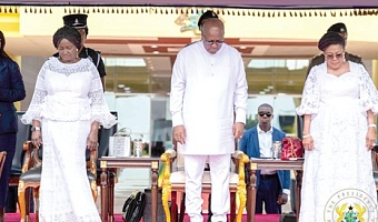 President Mahama flanked by Vice-President Naana Jane Opoku-Agyemang (left) and Lordina Mahama, First Lady during a non-denominational service marking his one year in office