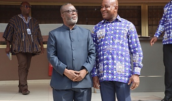 Justice Paul Baffoe-Bonnie (right), Chief Justice, explaining a point to Prof. Ahmed Jinapor, Director-General, GTEC, during the courtesy call