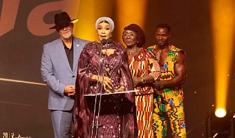 Selassie Ibrahim speaking at the REFFA AWARDS last weekend. With her are Abla Dzifa Gomashie, the Minister of Tourism, Culture and Creative Arts and Mr Thomas Svankier, Executive Chairman of Svani Group