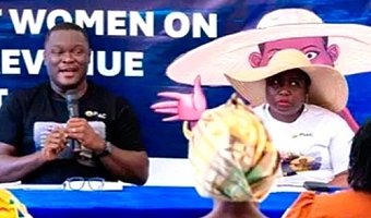 Some of the market women at the event. INSET: Richard Ellimah (left), PIAC Chairperson, addressing the attendees