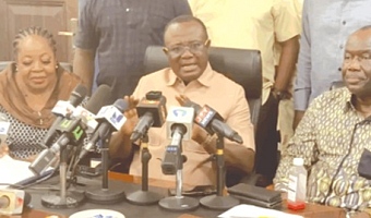Joseph Osei Owusu (middle), Chairman of the NPP Presidential Elections Committee, addressing the media.