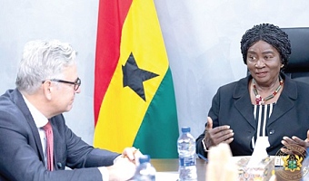Prof. Naana Jane Opoku-Agyemang (right), Vice-President, in a discussion with Rune Skinnebach, EU Ambassador to Ghana