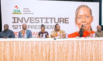 Dr Kwabena Duffuor (left), a former Finance Minister; David Klottey Collison (2nd from left), Coordinating Director, Ministry of Finance; Seth Aklasi (3rd from left), Immediate past president, GIA; Dr Abiba Zakariah (4th from left), Ag. Commissioner, Insurance; Nana Oye Bampoe Addo (5th from left), Deputy Chief of Staff in Charge of Administration; Boatemaa Barfour-Awuah (3rd from right), the 12th GIA President, and some players in the insurance industry at the event