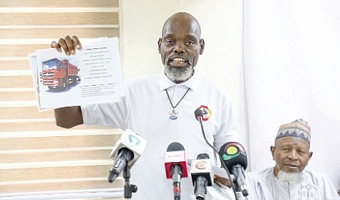 Anthony Mensah, National Public Relations Officer, National Sand and Stone Tipper Truck Drivers Association, explaining a point to the media. Picture: ELVIS NII NOI DOWUONA 