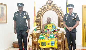 Commissioner of Police Emmanuel Teye Cudjoe (left) and Deputy Commissioner of Police Arthur Osei Akoto (right) with  Otumfuo Osei Tutu, Asantehene, during the courtesy call. Picture: EAMMANUEL BAAH