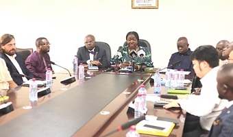 Elizabeth Ofosu-Adjare (arrowed), Minister of Trade, Agribusiness and Industry, speaking at the media briefing. Picture: EDNA SALVO KOTEY