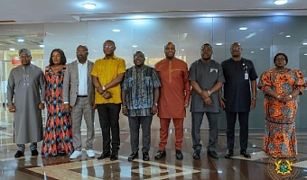 Julius Debrah (middle), Chief of Staff, with members of the Ministerial Oversight Committee after the inauguration at Jubilee House