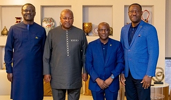President John Dramani Mahama (2nd from left) with Olusegun Alebiosu (2nd from right), FirstBank Group CEO; Victor Yaw Asante (left), FirstBank Ghana MD/CEO, and Osahon Ogieva (right), FirstBank Ghana Deputy Managing Director