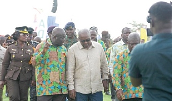 President John Dramani Mahama (2nd from right) arriving at the durbar ground in the company of Eric Opoku (2nd from left), Minister of Food and Agriculture. With them are Patience Baffoe-Bonnie (left), Director of Prisons, and other officials