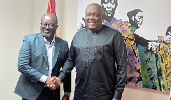 • Victor Smith (right), Ghana’s Ambassador to the US, in a handshake with Kurt Simeon-Okraku, GFA President