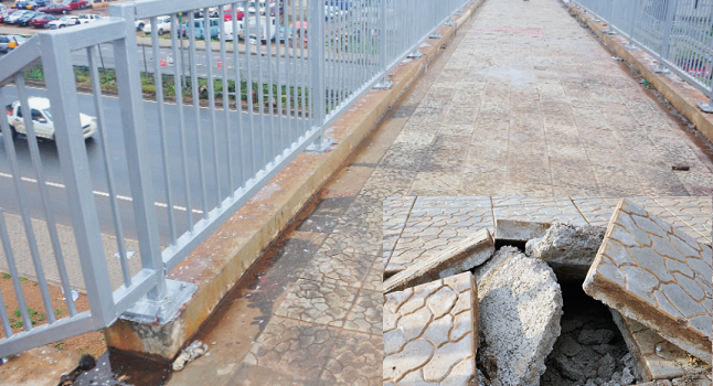 The repaired footbridge. INSET: The broken portion of the footbridge at Abofu near Achimota. Picture: Samuel Tei Adano Abofu footbridge undergoes repairs