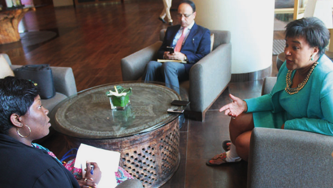 Mrs Patricia Scotland (right), the Commonwealth Secretary-General, and Mrs Doreen Andoh (left), Daily Graphic reporter, in an interaction during the interview. Picture: EDNA ADU-SERWAA ‘Collaborate to deliver dev agenda’