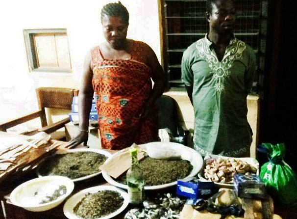 The couple and some items found during a search at their drinking spot and room The couple and some items found during a search at their drinking spot and room