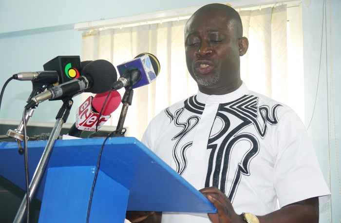 Mr Alfred Kojo Triddles, the Spokesperson for Media Consult Group delivering a speech at the press conference in Accra. Picture: PATRICK DICKSON   