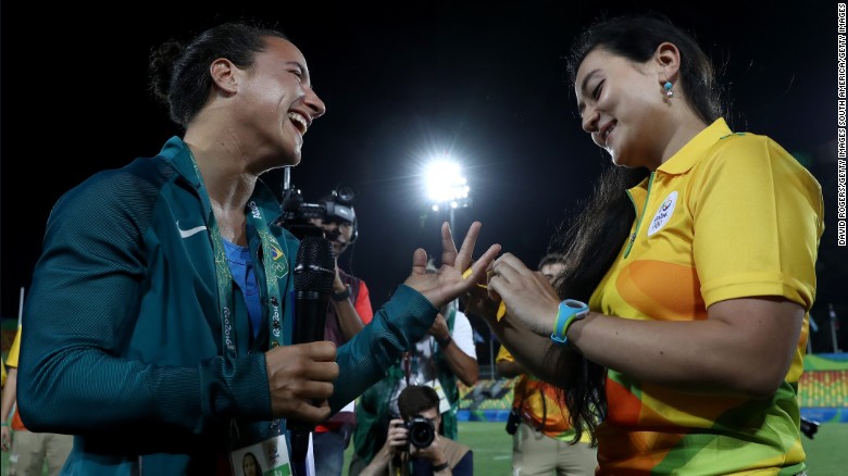 Marjorie Enya and rugby player Isadora Cerullo of Brazil got engaged at Deodoro Park.