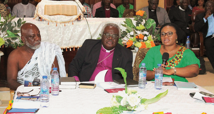 Mrs Charlotte Osei (right), Chairperson of the Electoral Commission, making a statement. Those with her are Prof. Kwame Karikari (left), Dean of Communications Studies at Wisconsin International University College, and Rt Rev. Prof. Emmanuel Martey (middle), Moderator of the General Assembly, Presbyterian Church of Ghana. Picture: MAXWELL OCLOO Mrs Charlotte Osei (right), Chairperson of the Electoral Commission, making a statement. Those with her are Prof. Kwame Karikari (left), Dean of Communications Studies at Wisconsin International University College, and Rt Rev. Prof. Emmanuel Martey (middle), Moderator of the General Assembly, Presbyterian Church of Ghana. Picture: MAXWELL OCLOO