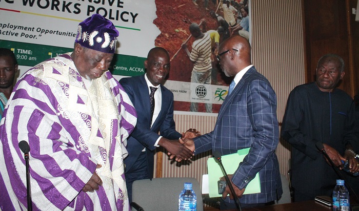 Mr Haruna Iddrisu (2nd left) in a clasping hands with Prof Kwesi Botchwey (2nd right). Also in the photograph are Naa Prof John Nabila (left) and Alhaji Collins Dauda (right). Picture: MAXWELL OCLOO