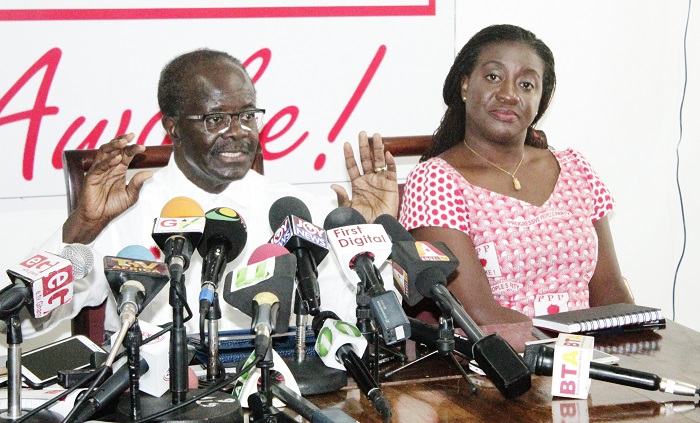 Dr Papa Kwesi Nduom (left), Flag bearer of the PPP addressing participants in the media briefing. Sitting by him is Madam Brigitte Dzogbenuku, his running mate. Picture: EDNA ADU-SERWAA