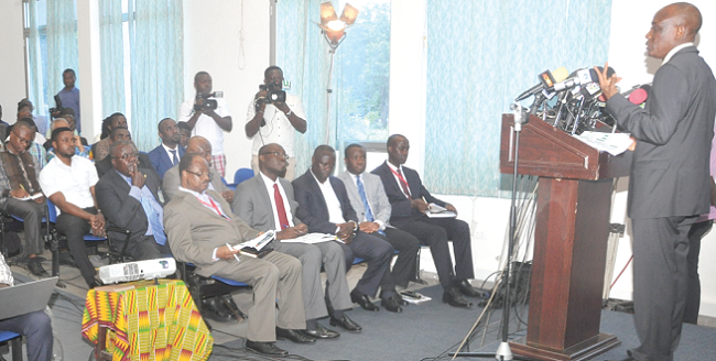 Mr Seth Terkper (standing), the Minister of Finance, speaking to the press at the meet-the- press series at the Conference Room of the Ministry of Communications in Accra. Picture: SAMUEL TEI ADANO Govt conservative about growth prospects — Terkper