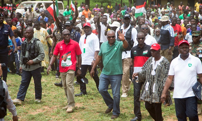 President Mahama waving on his arrival at the Kpandai Market to address party supporters President Mahama waving on his arrival at the Kpandai Market to address party supporters